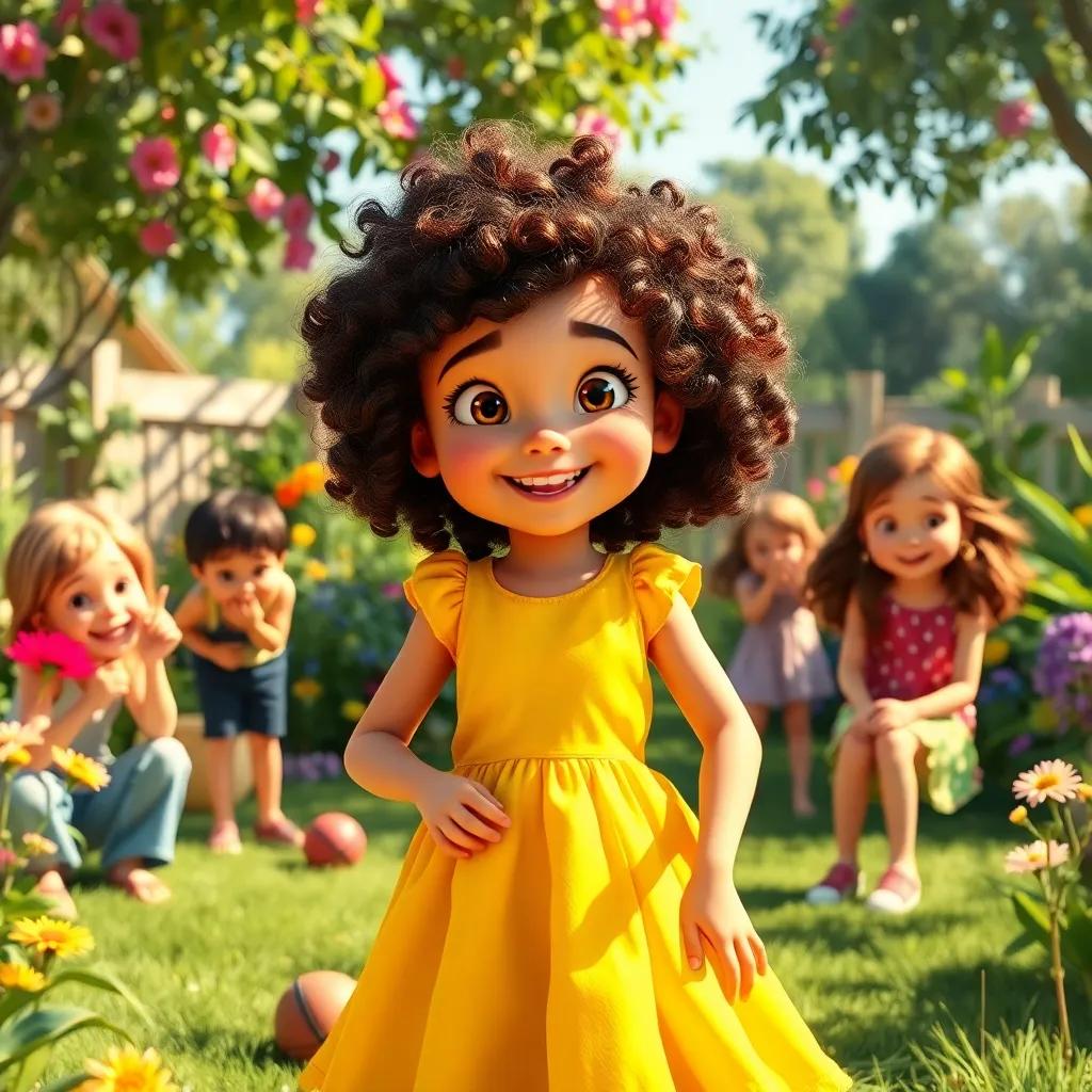 Mia, a young girl with curly brown hair wearing a yellow dress, playing games in the garden with friends, enjoying an afternoon of laughter and joy, bright sunny day setting, colorful surroundings, high quality