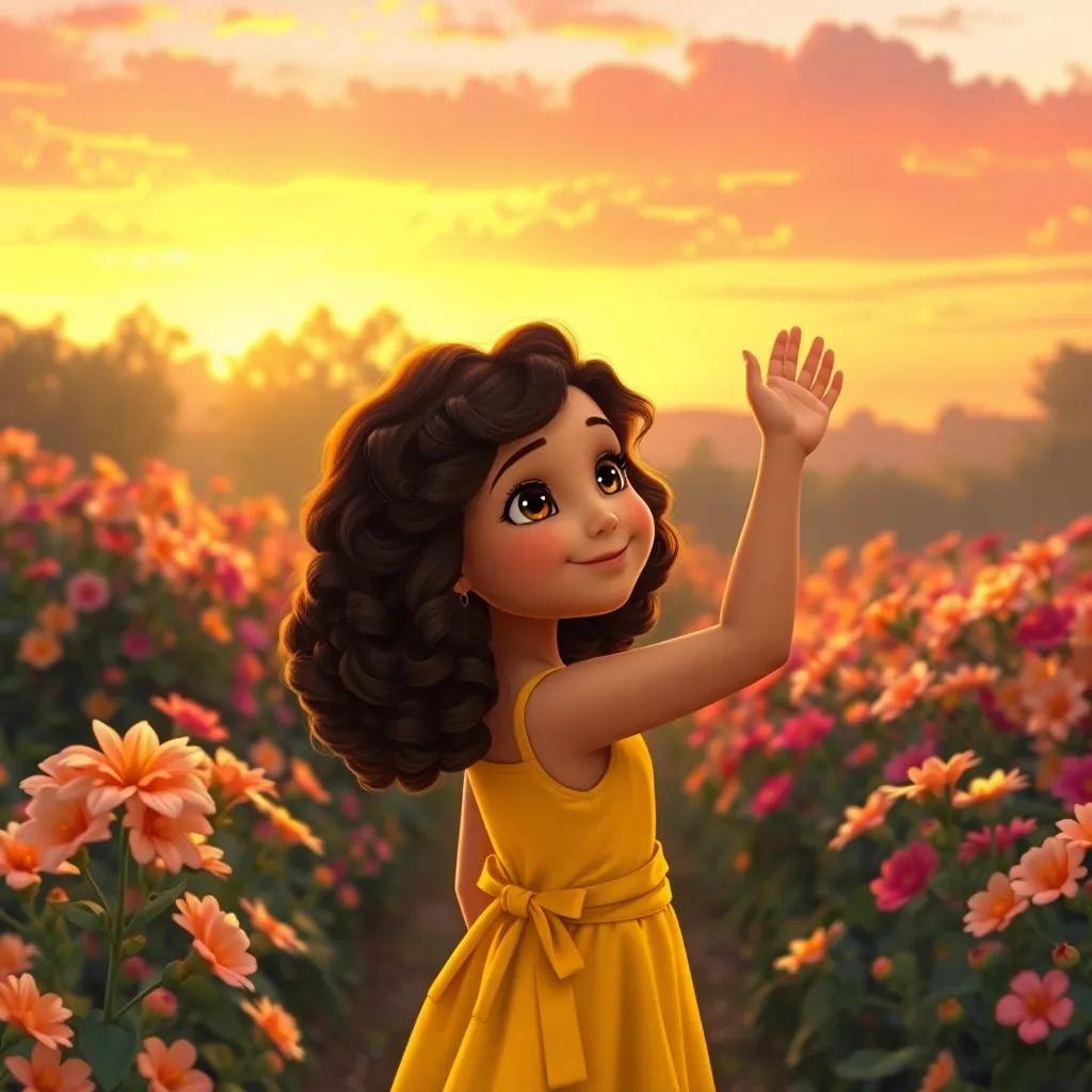 Mia, a young girl with curly brown hair in a yellow dress, waving goodbye to the magical garden full of blooming flowers at sunset, warm colors in the sky, heartfelt and memorable, high quality digital painting