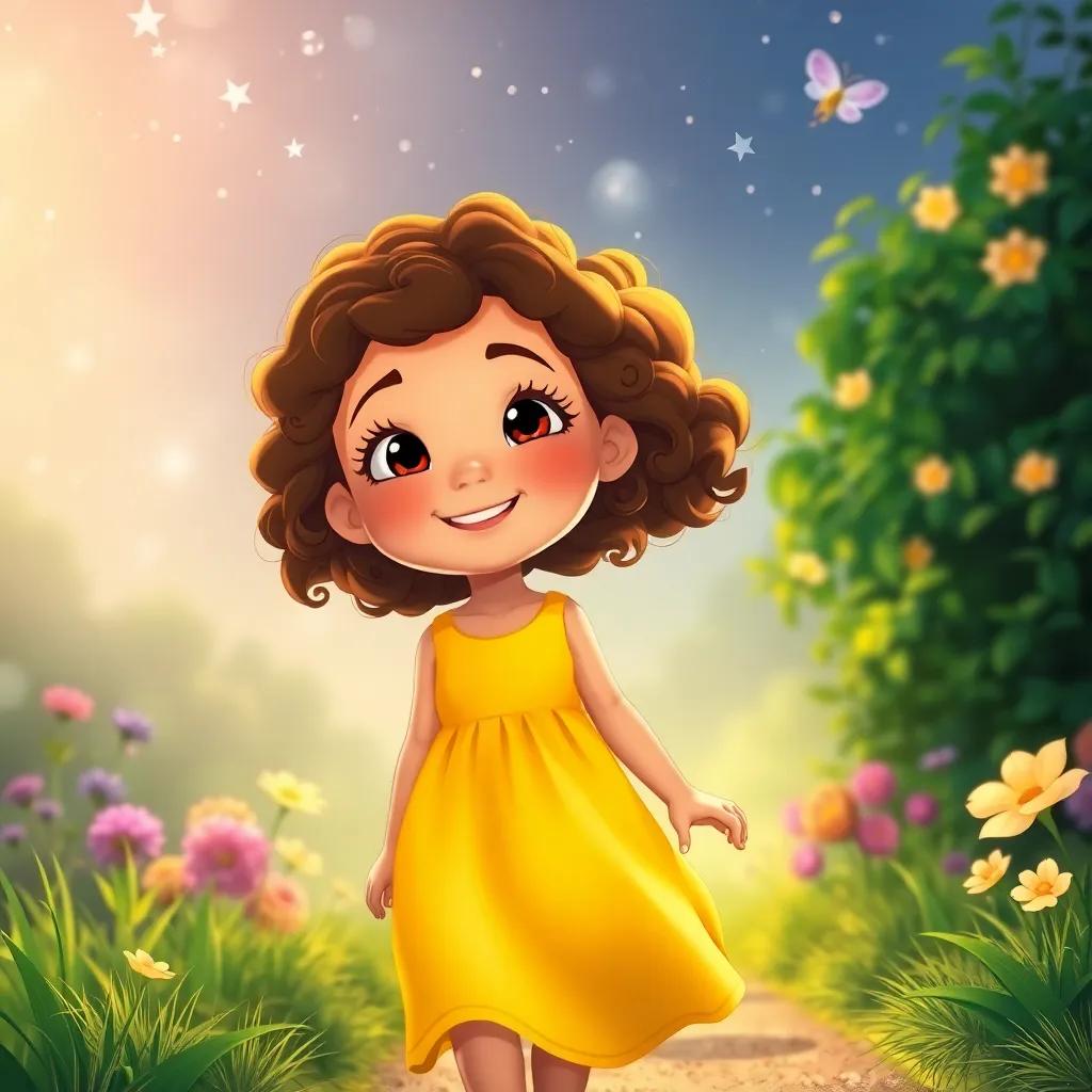 Mia, a young girl with curly brown hair in a yellow dress, smiling as she walks back home from the magical garden, surrounded by twinkling stars above, happy and content atmosphere, bright colors, high quality