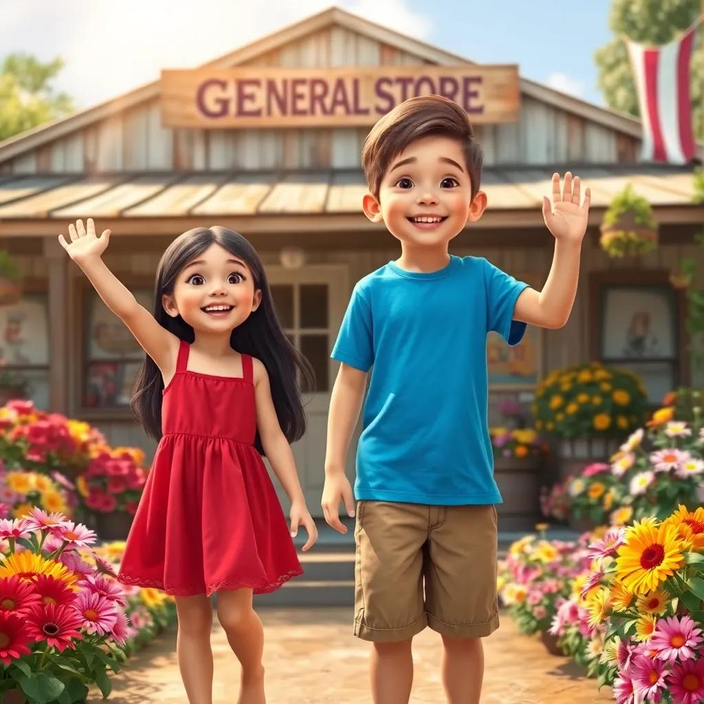 Leo and Clara, two cheerful children, Leo is a young Caucasian boy with brown hair wearing a bright blue t-shirt and shorts, Clara is a young Hispanic girl with long black hair wearing a red sundress, standing excitedly in front of an old general store surrounded by colorful flowers, sunlight shining down, inviting and nostalgic atmosphere, digital art, warm colors, cheerful perspective, high quality