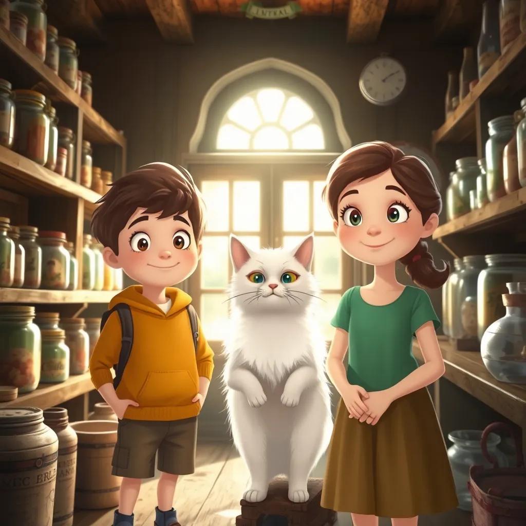 Leo and Clara, along with a fluffy white cat, inside the dusty old general store, the shelves filled with old jars and vintage items, sunlight filtering through the windows, illuminating their curious faces, playful and adventurous vibe, illustration, light and humorous tone, child-friendly
