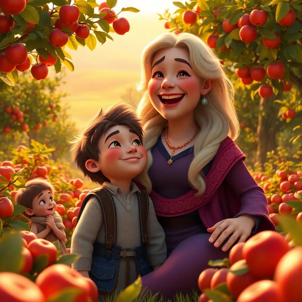 Gilda, the giantess, laughing with a brave boy named Leo, who is smiling up at her, surrounded by apples and children in a valley orchard, warm sunlight lighting the scene, friendly and joyful ambiance, high quality