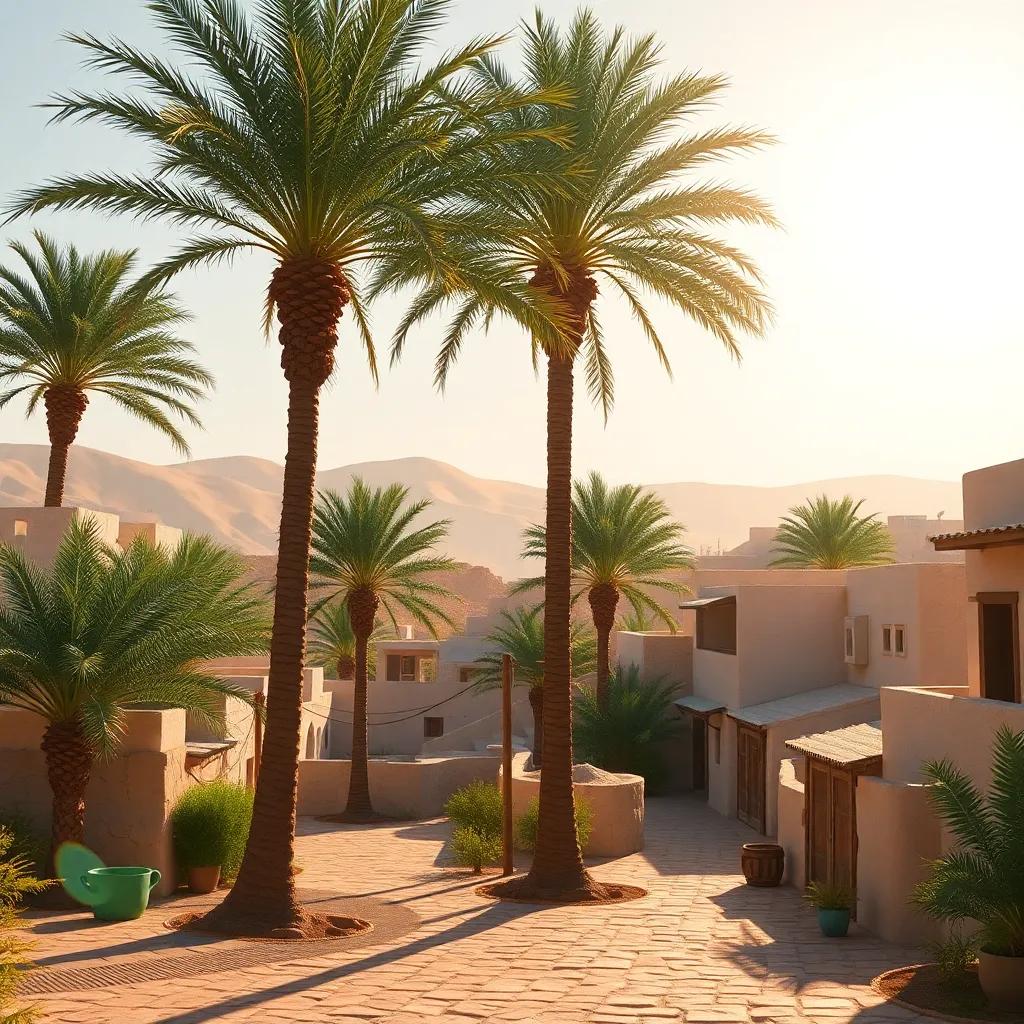 A scenic view of an Omani village with palm trees swaying in the wind, soft traditional music playing, bright sunlight shining, serene atmosphere, digital art, warm colors, welcoming perspective, cheerful, high quality