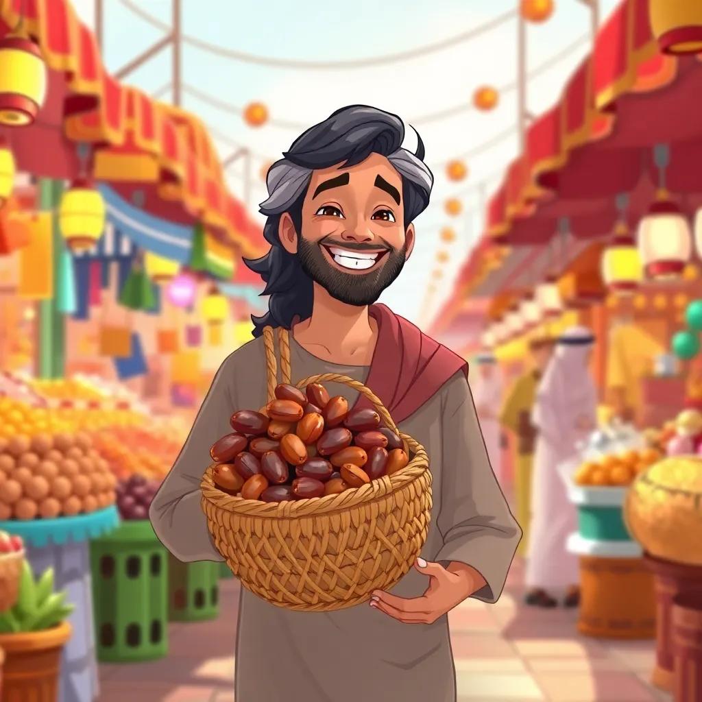 An Arab man, Salim, happy and smiling, with dark hair wearing a traditional dishdasha, walking through a bustling market carrying a woven palm frond bag full of dates, vibrant market scene, colorful stalls, lively, cheerful atmosphere, illustration, bright colors, engaging, high quality