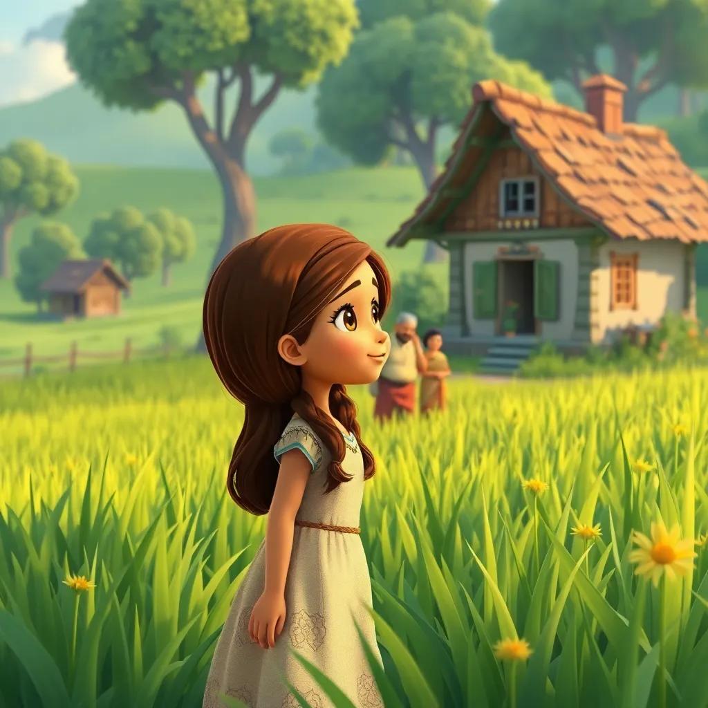 A peaceful village with green fields and a cozy home, Maya, a young girl with long brown hair, wearing a simple dress, looking at her hardworking parents in the field, digital art, warm colors, inviting feeling, soft sunlight, high quality