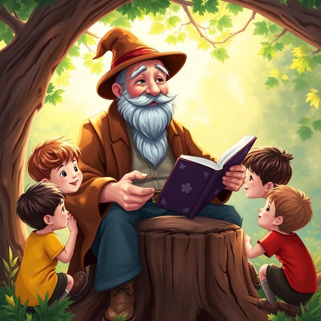 A wise old storyteller, Mr. Thomas, with a gentle smile, sitting on a tree stump, sharing stories with eager children around him, warm sunlight, magical feeling, detailed digital art