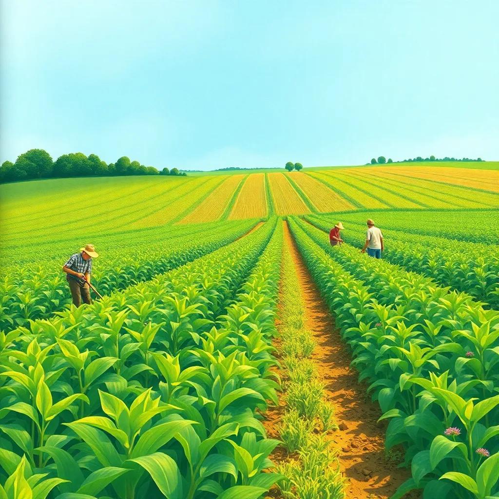 A lush green field filled with crops, representing abundance after sharing knowledge, farmers working together, blue sky above, inspiring scene, rich colors, storytelling view