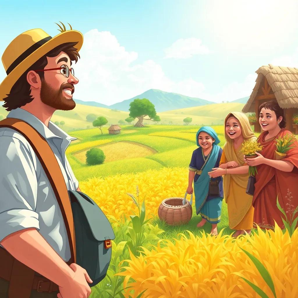 A traveler amazed by the villagers' crops, villagers joyfully sharing their knowledge, surrounded by flourishing fields, sunny day, celebration and community spirit, realistic digital art