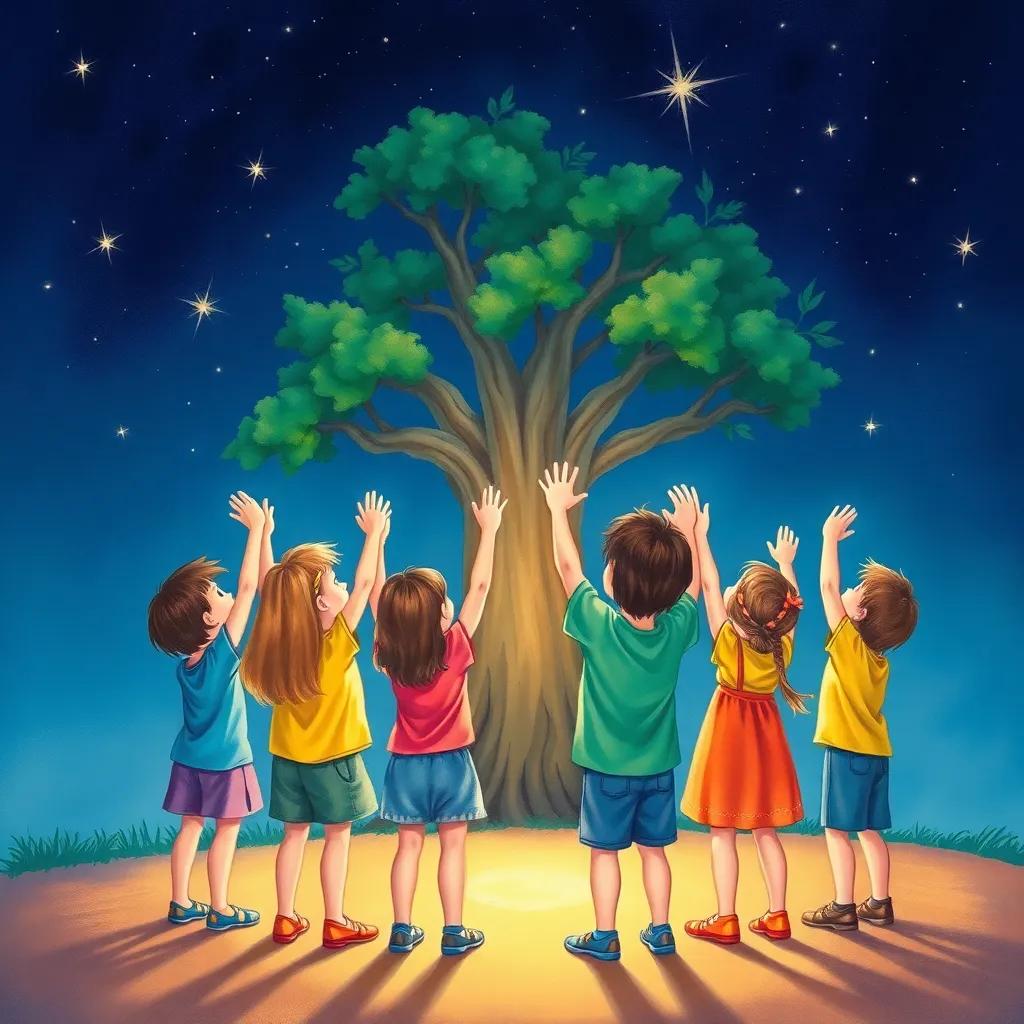 Children holding hands in a circle, looking up at the stars, under the oak tree, feeling proud and connected, magical night scene, deep colors, uplifting mood, detailed illustration