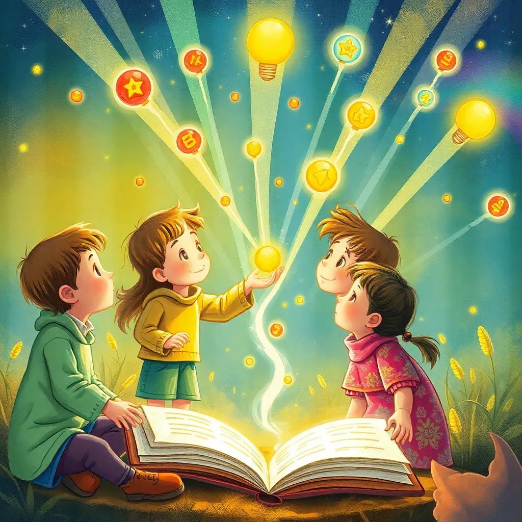 Illustration of the children spreading their knowledge like seeds, with beams of light representing ideas flowing from one child to another, vivid colors, magical ambience, storytelling view