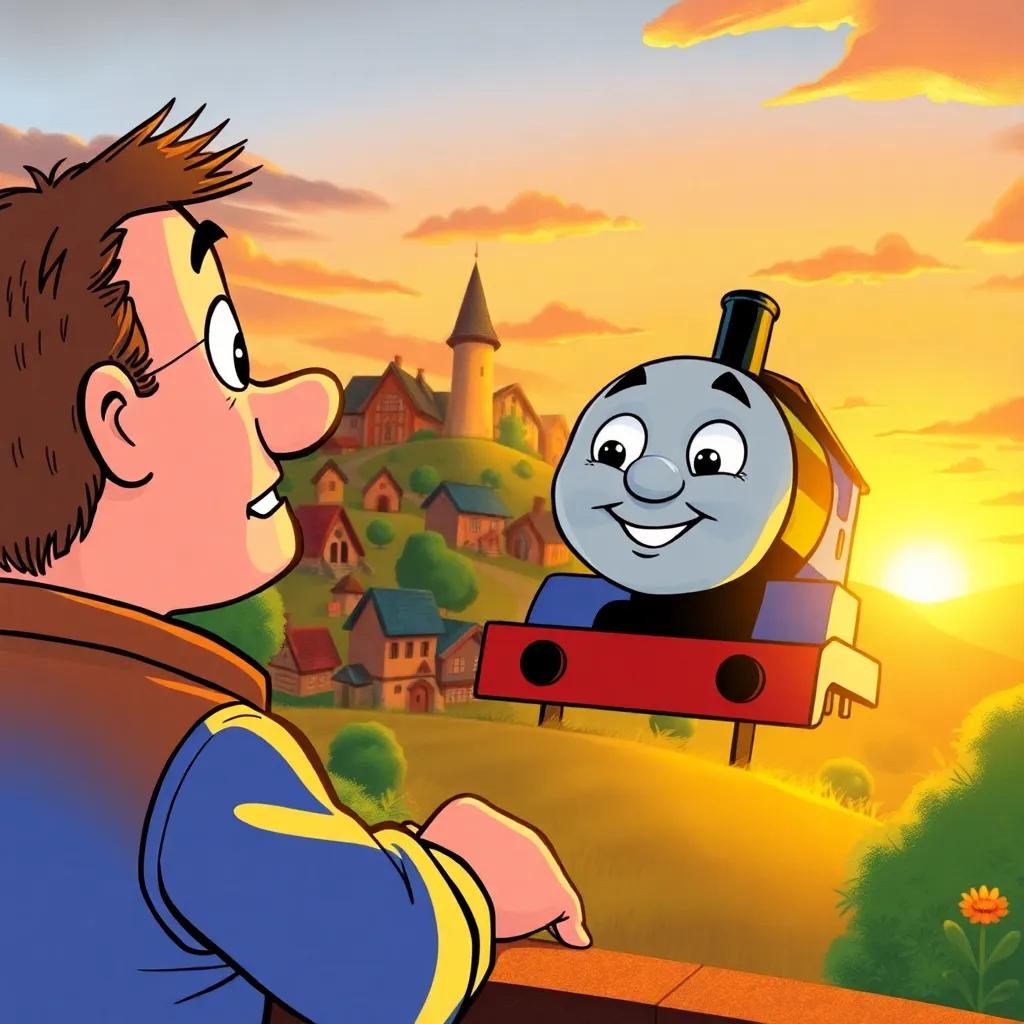 Mr. Thomas watching the joyful village, smiling proudly at the thriving community, sunset background, warm light glow, feeling of accomplishment and unity, emotional and inspiring scene