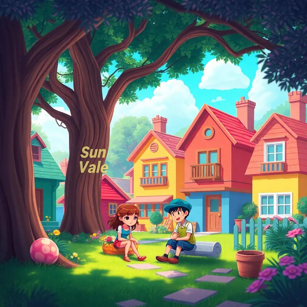 A quaint village named Sunvale with colorful houses and a big tree, Mia and Leo, two children, sitting under the tree, discussing ideas, cheerful atmosphere, bright colors, vibrant and inviting