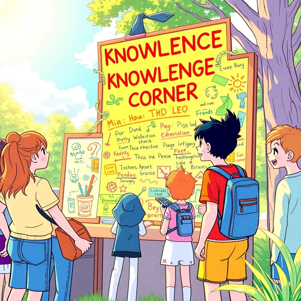 Mia and Leo setting up the 'Knowledge Corner', with a big colorful board filled with drawings and words, excited friends gathering around them, bright sunny day, lively and energetic