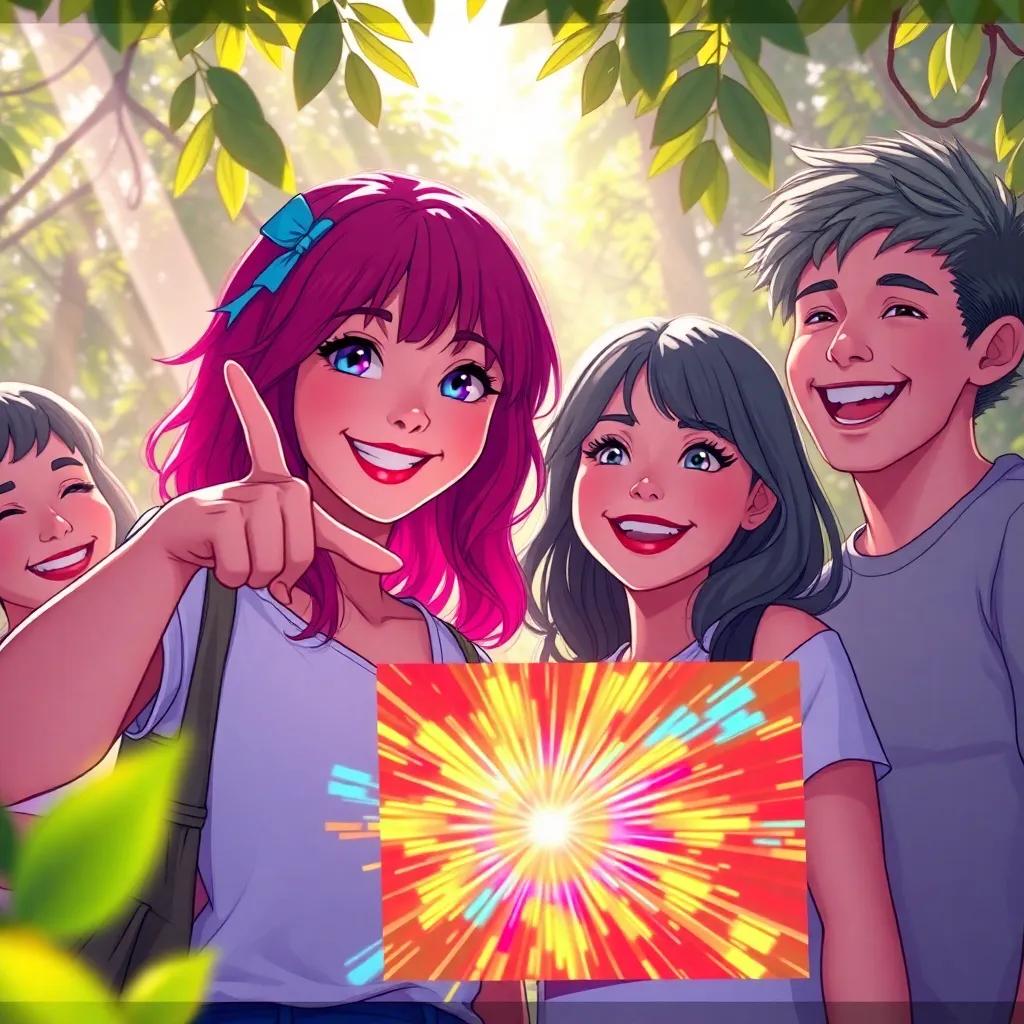 Mia pointing at the bursting colorful board, Leo grinning beside her, surrounded by happy friends, rays of sunlight filtering through leaves, warm and inviting atmosphere
