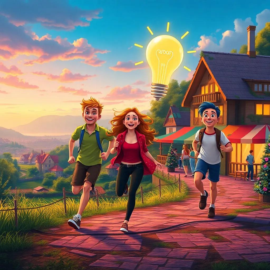 Sam running toward Mia and Leo with a bright idea, a picturesque view of the village in the background, joyful and lively expressions, exciting energy, colorful scenery