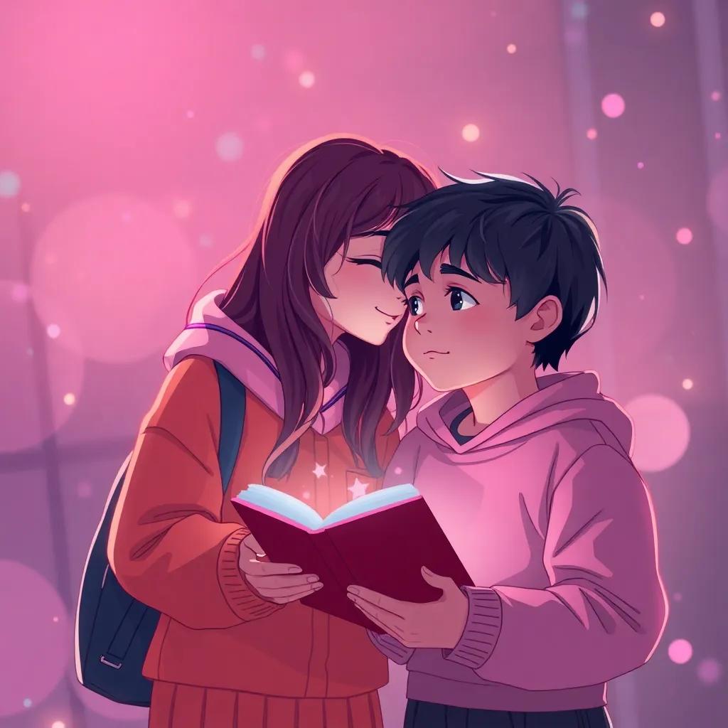 Mia whispering to Leo about the magical feeling of sharing knowledge, both children looking inspired, with the atmosphere filled with warmth and excitement, soft colors