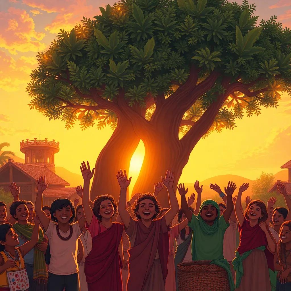 Villagers cheering joyfully under the big tree, a warm sunset in the background, community spirit illustrated by smiling faces and raised hands, lively ambiance, rich colors