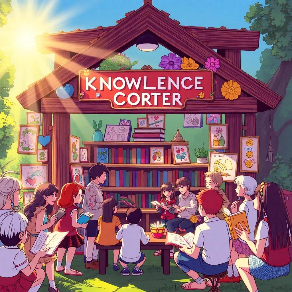The 'Knowledge Corner' flourishing, decorated with vibrant drawings from all ages, villagers exchanging stories with open hearts, bright sunlight shining down, dynamic and cheerful