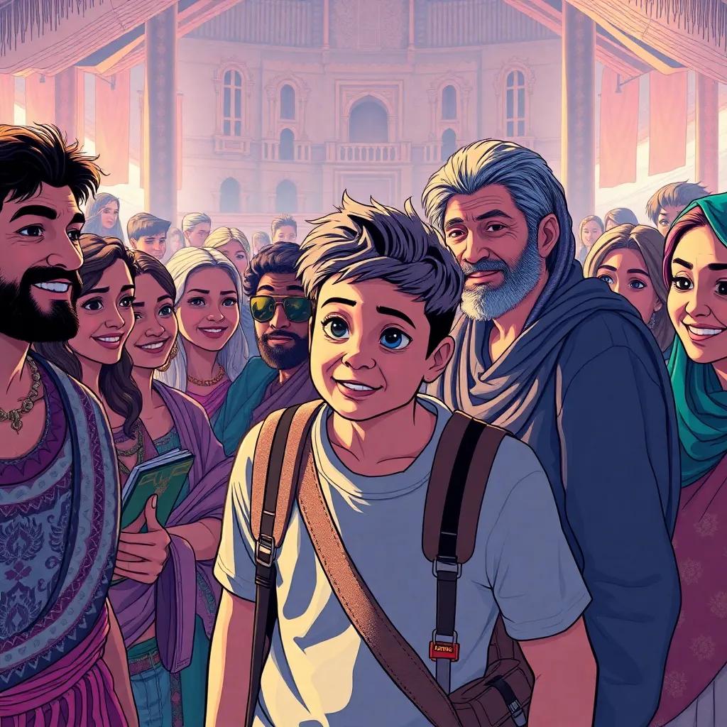 A curious traveler joining the gathering, surrounded by welcoming villagers sharing stories, unity and happiness reflected in everyone's expressions, bright and inviting setting