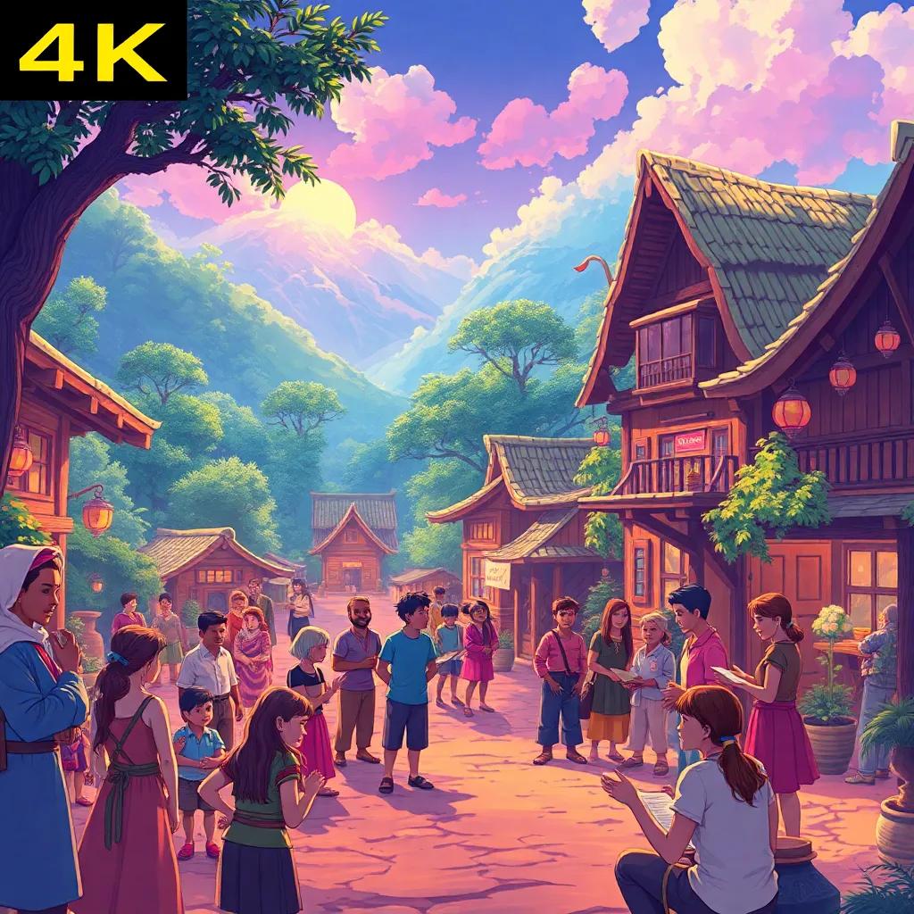 The village of Sunvale with communities gathered, happily exchanging knowledge, vibrant and colorful scene, atmosphere filled with joy and a sense of belonging