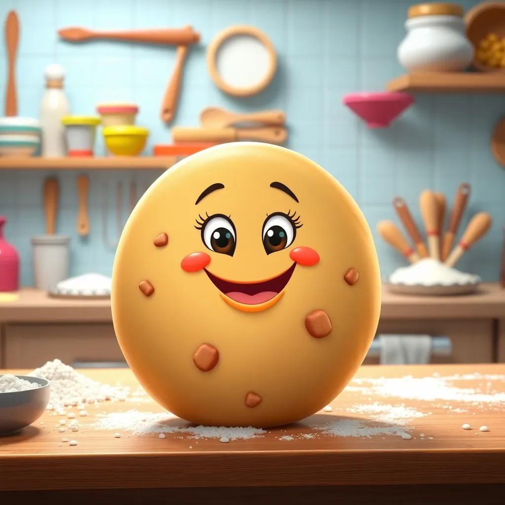 A cheerful round cookie named Clara, with a big smile, sitting on a kitchen counter full of baking tools and flour, colorful kitchenware, bright lighting, cheerful atmosphere, high quality