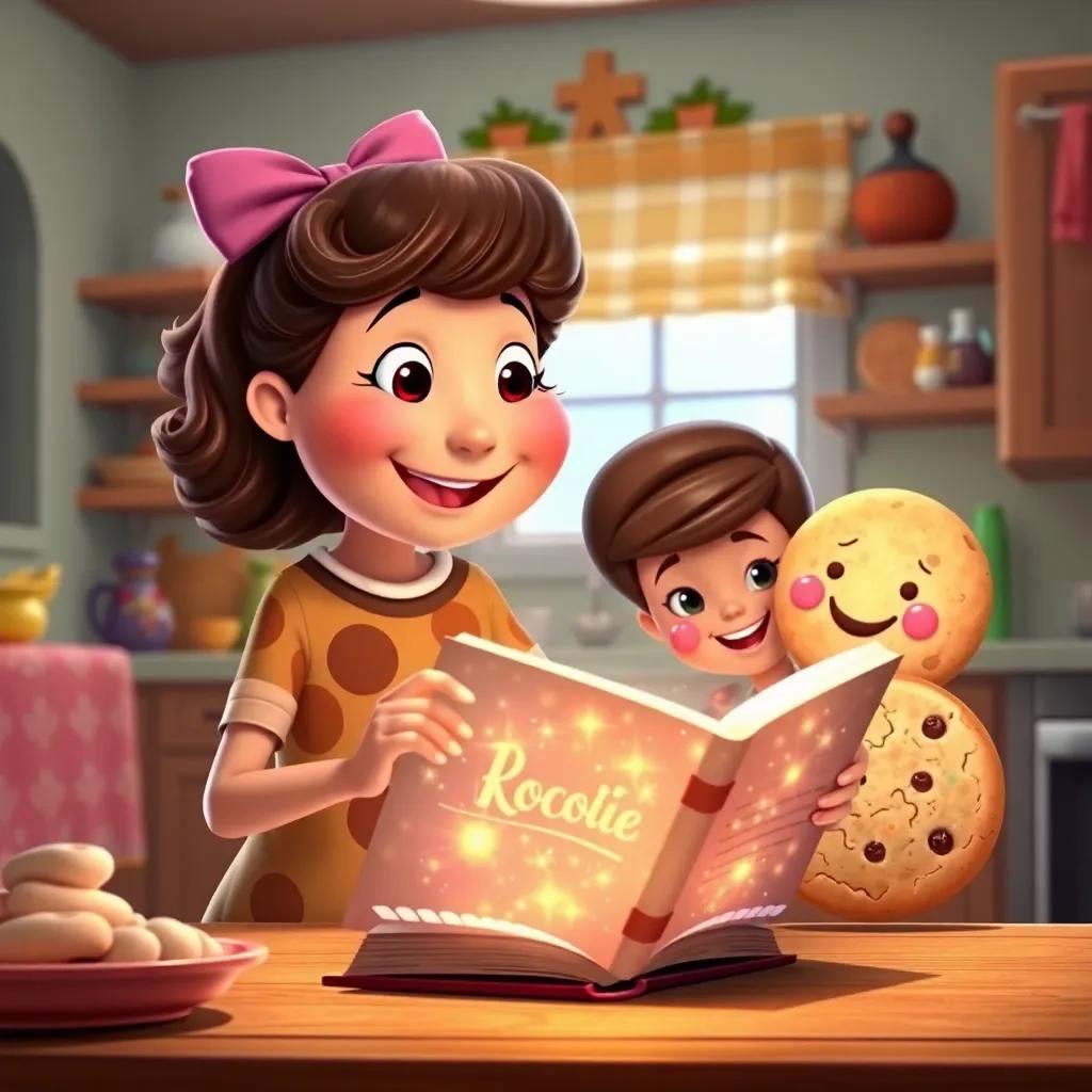 Clara, a cheerful round cookie, reading a magical shimmering recipe book with her friends, Benny the Brownie, and Sally the Sugar Cookie, in a cozy kitchen, warm colors, inviting atmosphere, high quality