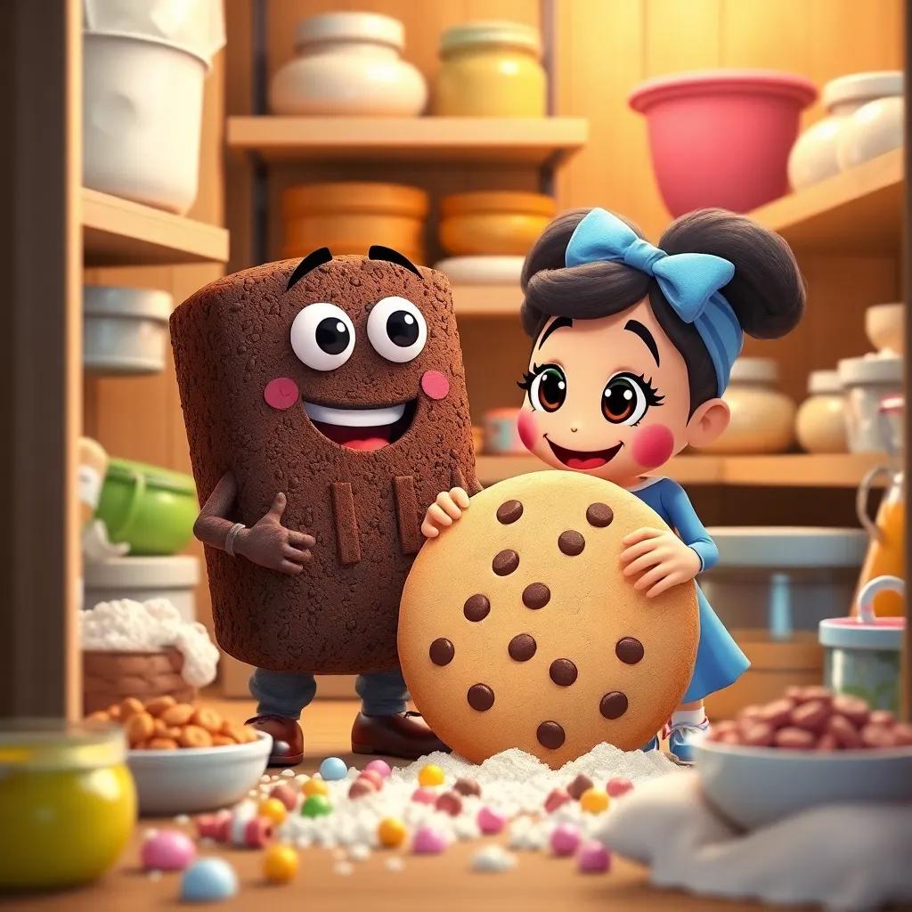 Benny the Brownie and Clara, a cheerful round cookie, finding a big bag of flour in the pantry, surrounded by colorful ingredients, playful, warm lighting, happy setting, high quality