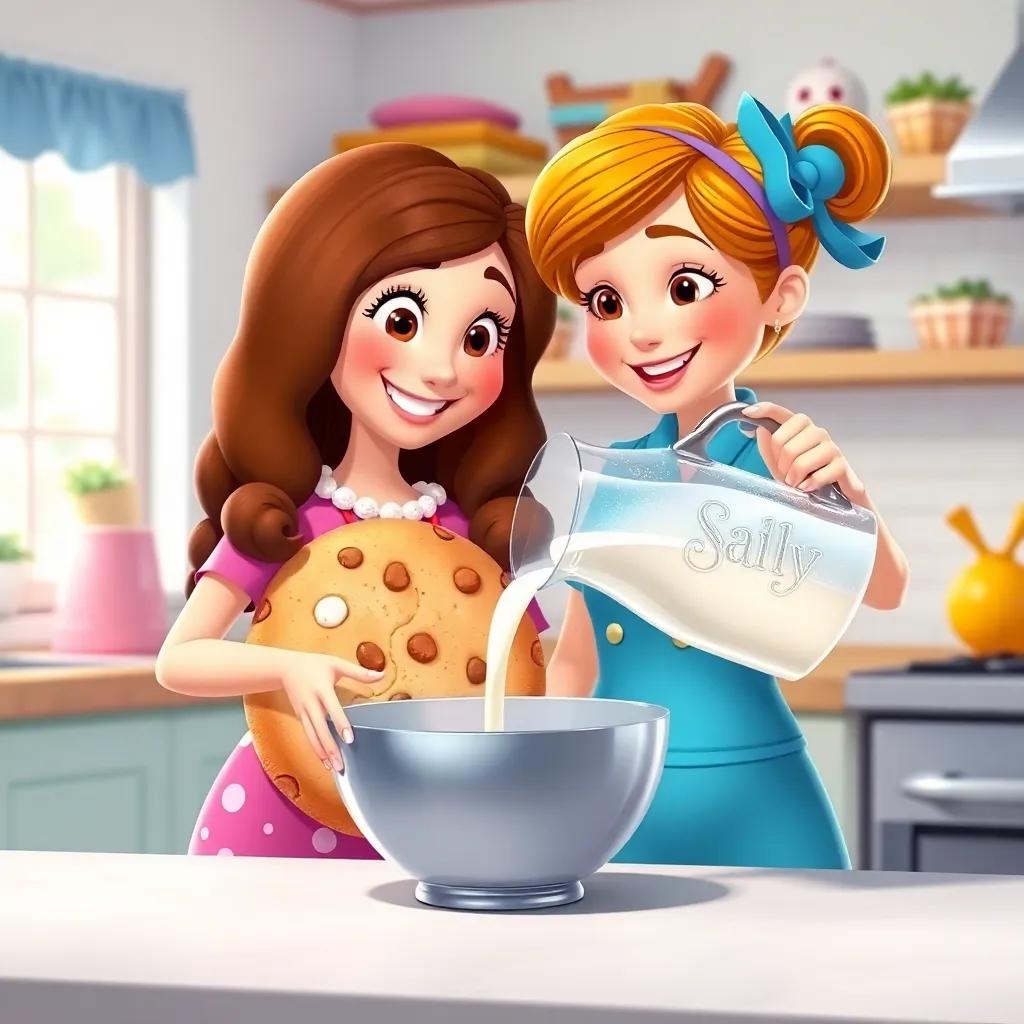 Sally the Sugar Cookie helping Clara, a cheerful round cookie, pouring milk from a sparkling jug into a mixing bowl, in a bright kitchen, joyful atmosphere, colorful details, high quality