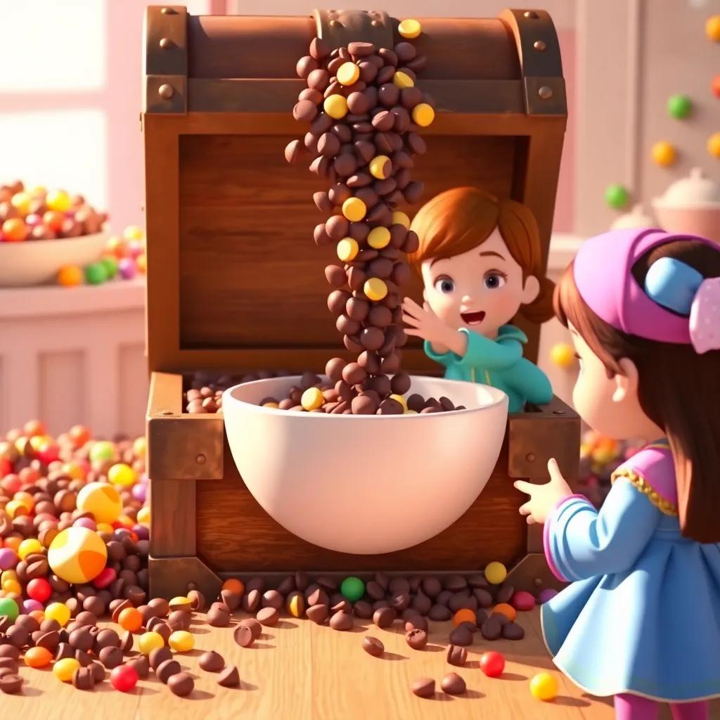 A treasure chest overflowing with chocolate chips being poured into a mixing bowl by Clara and her friends, colorful candies in the background, cheerful setting, bright colors, warm light, high quality