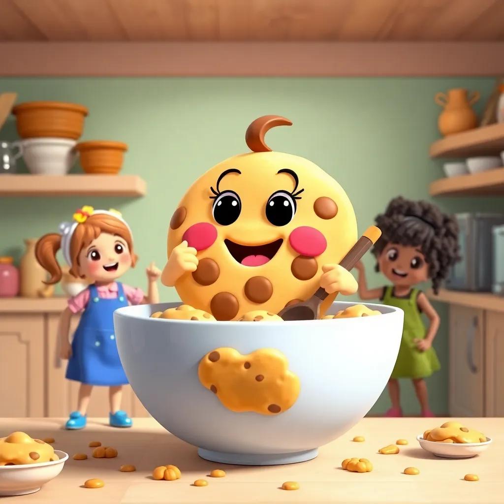 Clara, a cheerful round cookie, stirring a giant mixing bowl with her friends around her, the bowl shaking and filled with gooey cookie dough, vibrant kitchen, fun atmosphere, cheerful colors, high quality