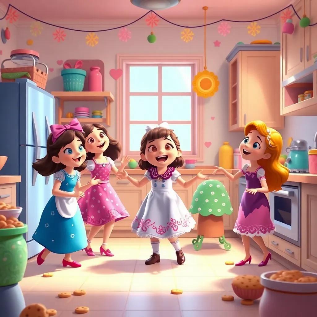 Clara and her friends dancing and singing in the kitchen, with the delicious smell of baking cookies, colorful decorations around, bright expressions, warm light, playful setting, high quality