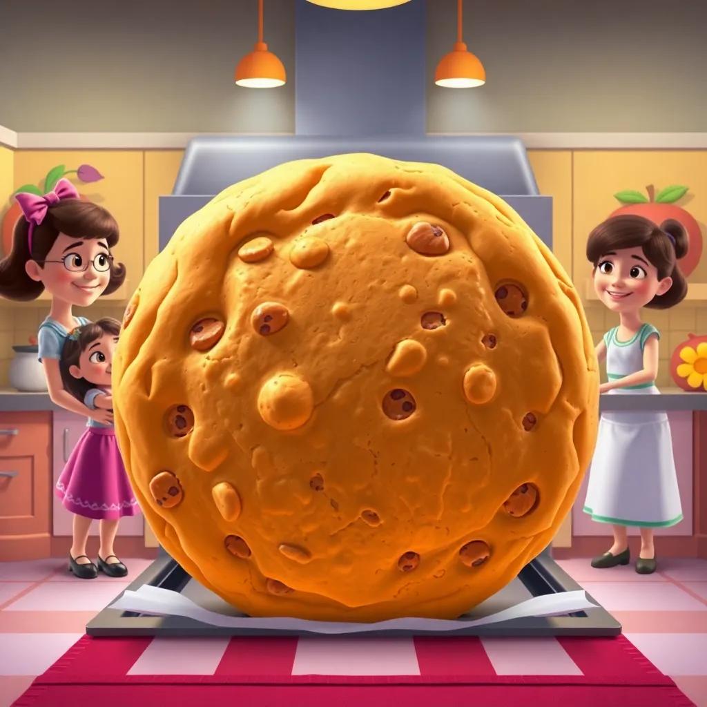 A giant cookie, golden brown and perfect, being taken out of the oven by Clara and her friends, warm kitchen with happy colors, cheerful atmosphere, high quality