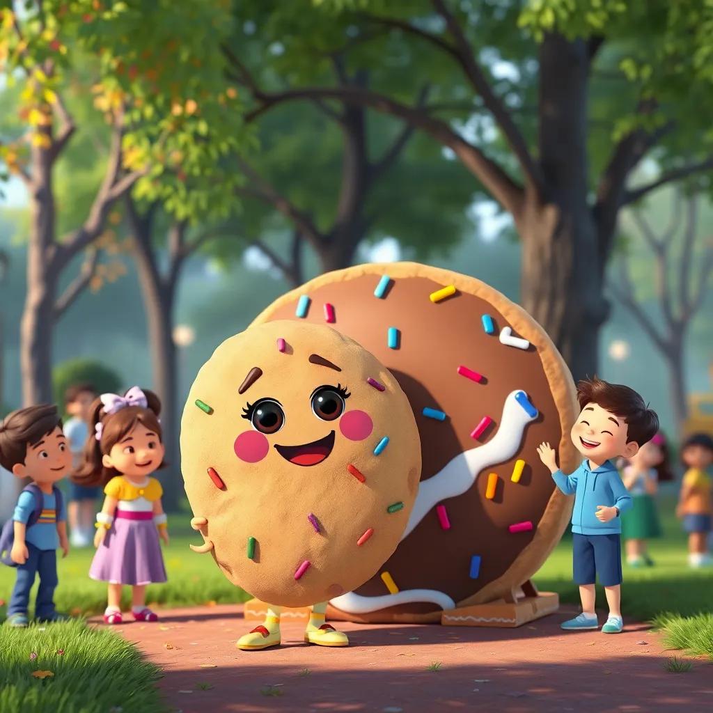 Clara, a cheerful round cookie, standing proudly next to her decorated gigantic cookie in the park, surrounded by happy friends admiring it, colorful sprinkles and icing, vibrant park scene, joyful atmosphere, high quality