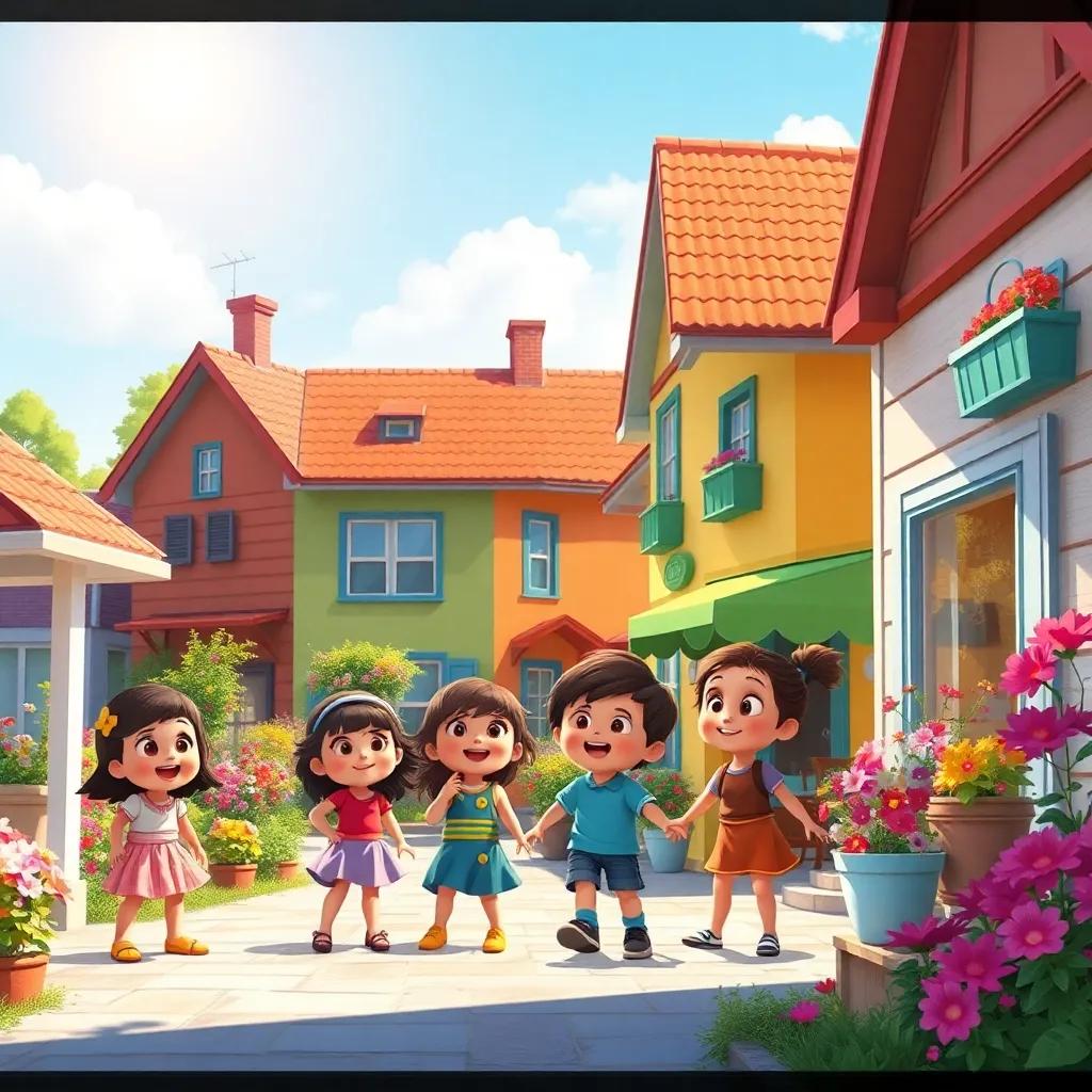 A sunny town with children playing outside, vibrant colors, cheerful atmosphere, digital art, warm sunlight, beautiful flowers, high quality