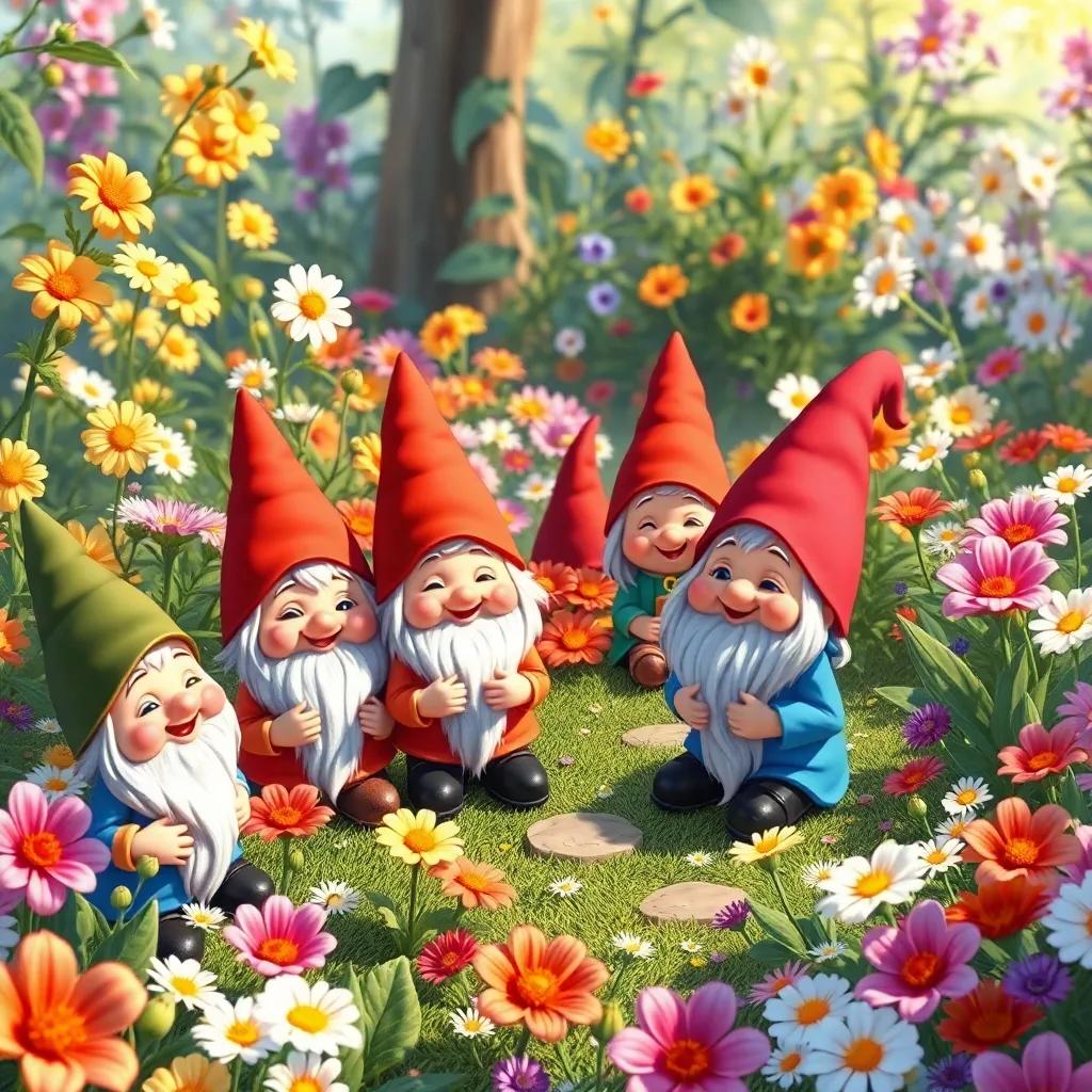 A magical garden filled with tiny gnomes giggling, their colorful hats and clothes bright, surrounded by blooming flowers, whimsical view, detailed illustration, high quality