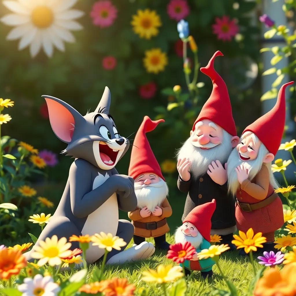 Tom and his friends laughing and tickling gnomes in the garden, bright flowers and sunlight all around, joyful scene, colorful and vibrant, high quality