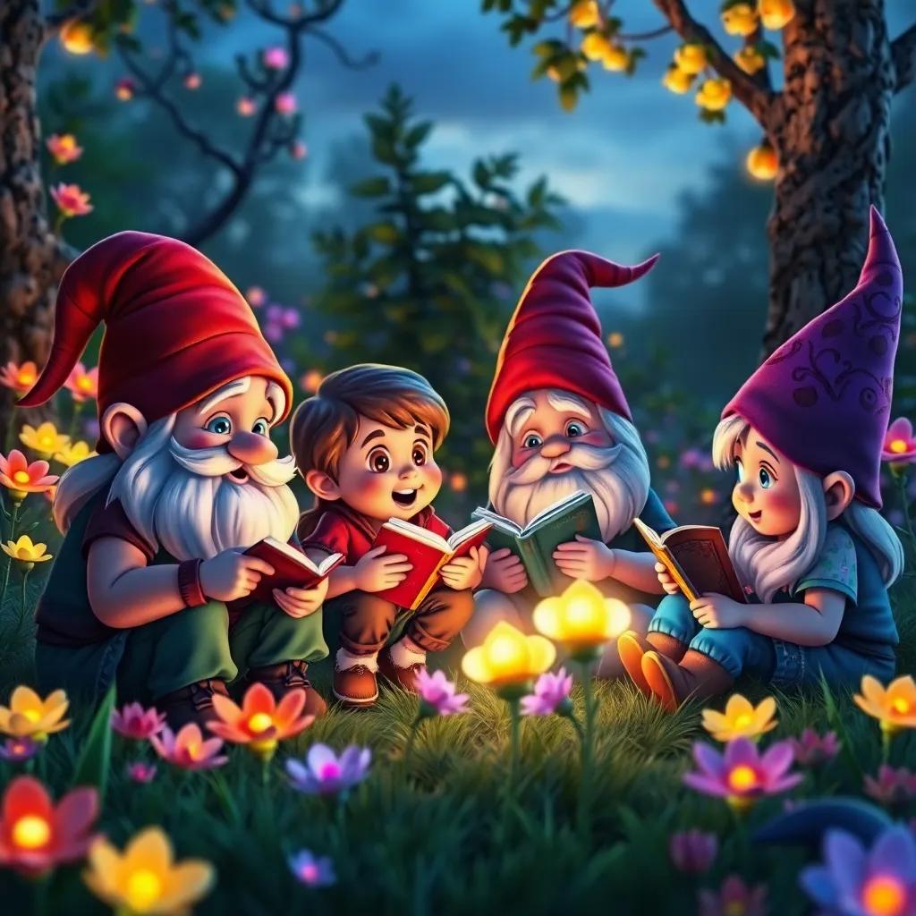 Gnomes sharing stories of adventures with kids, a twilight setting with glowing colorful flowers, enchanting atmosphere, lively details, warm colors, high quality