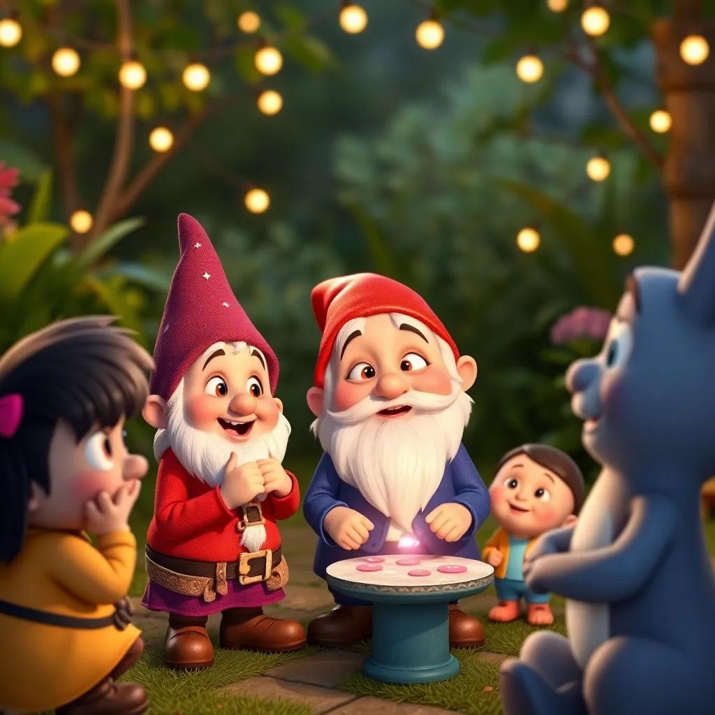 A gnome named Twinkle explaining the Giggle Relay game to Tom and friends, lively expressions, garden backdrop with twinkling lights, engaging and fun, high quality