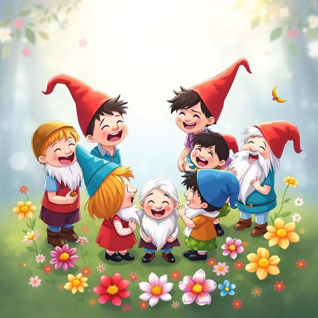 Kids and gnomes forming a circle, sharing laughter and joy, colorful blooms around them, a magical vibe, delightfully illustrated, high quality
