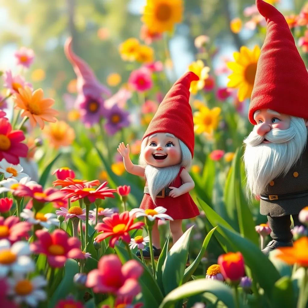 Zoomed-in view of flowers dancing and gnomes smiling as laughter fills the air, vibrant colors, enchanting scene, high quality