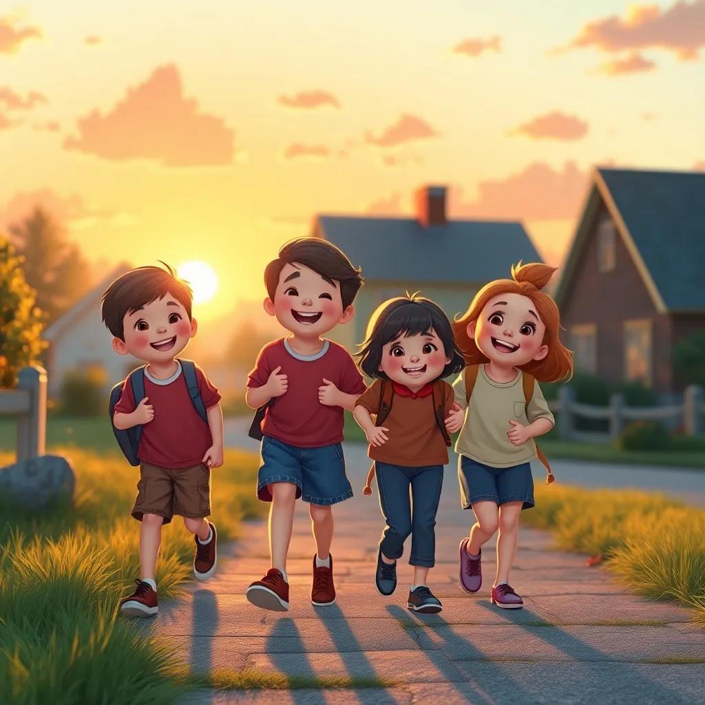 Kids walking home, sharing laughter and joy, sunset casting a golden glow, magical feeling in the air, heartwarming, detailed illustration, high quality