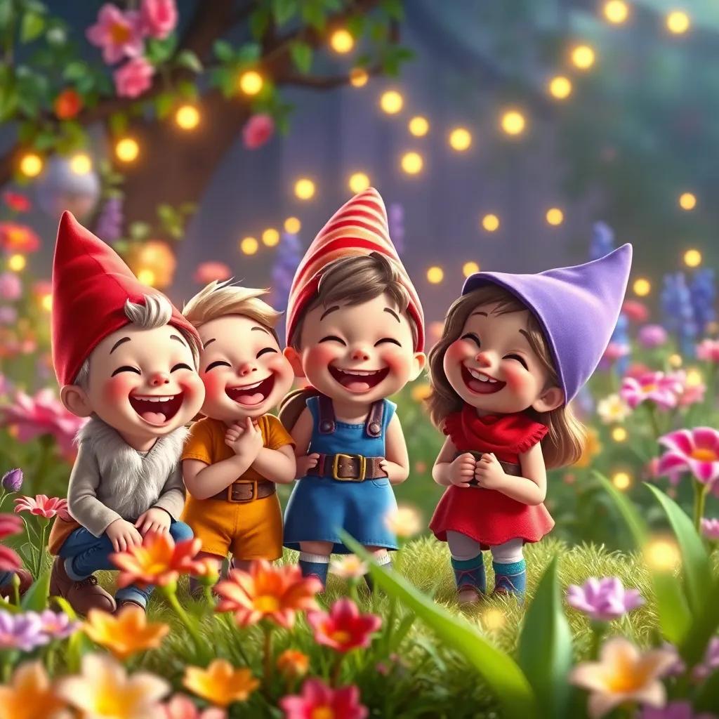 A joyful and vibrant scene of kids and gnomes laughing together, magical garden with colorful blooms and twinkling lights, filled with happiness and warmth, high quality