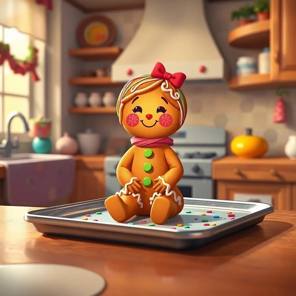 A cozy kitchen with a colorful gingerbread girl sitting on a tray, decorated with bright frosting and sprinkles, warm colors, cheery atmosphere, detailed digital art