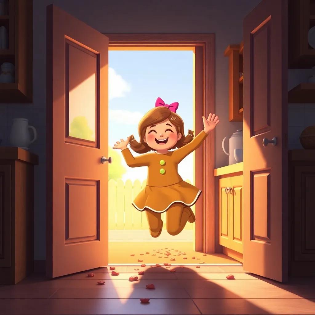 The gingerbread girl joyfully running out of an open kitchen door, waving one hand in the air, trail of crumbs behind her, sunny day outside, vibrant colors, lively scene