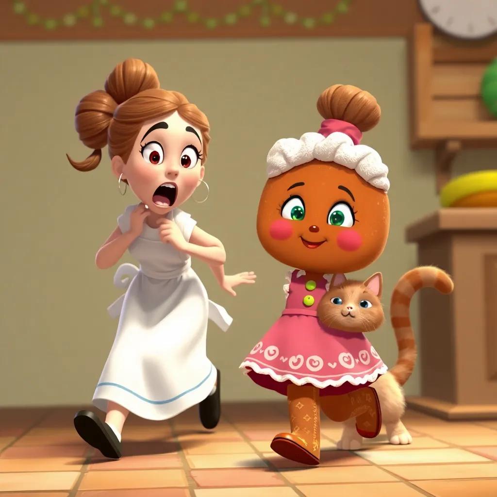 A surprised baker in a white apron chasing after the gingerbread girl, her hair in a bun, with a fluffy cat watching curiously nearby, cheerful colors, humorous expression