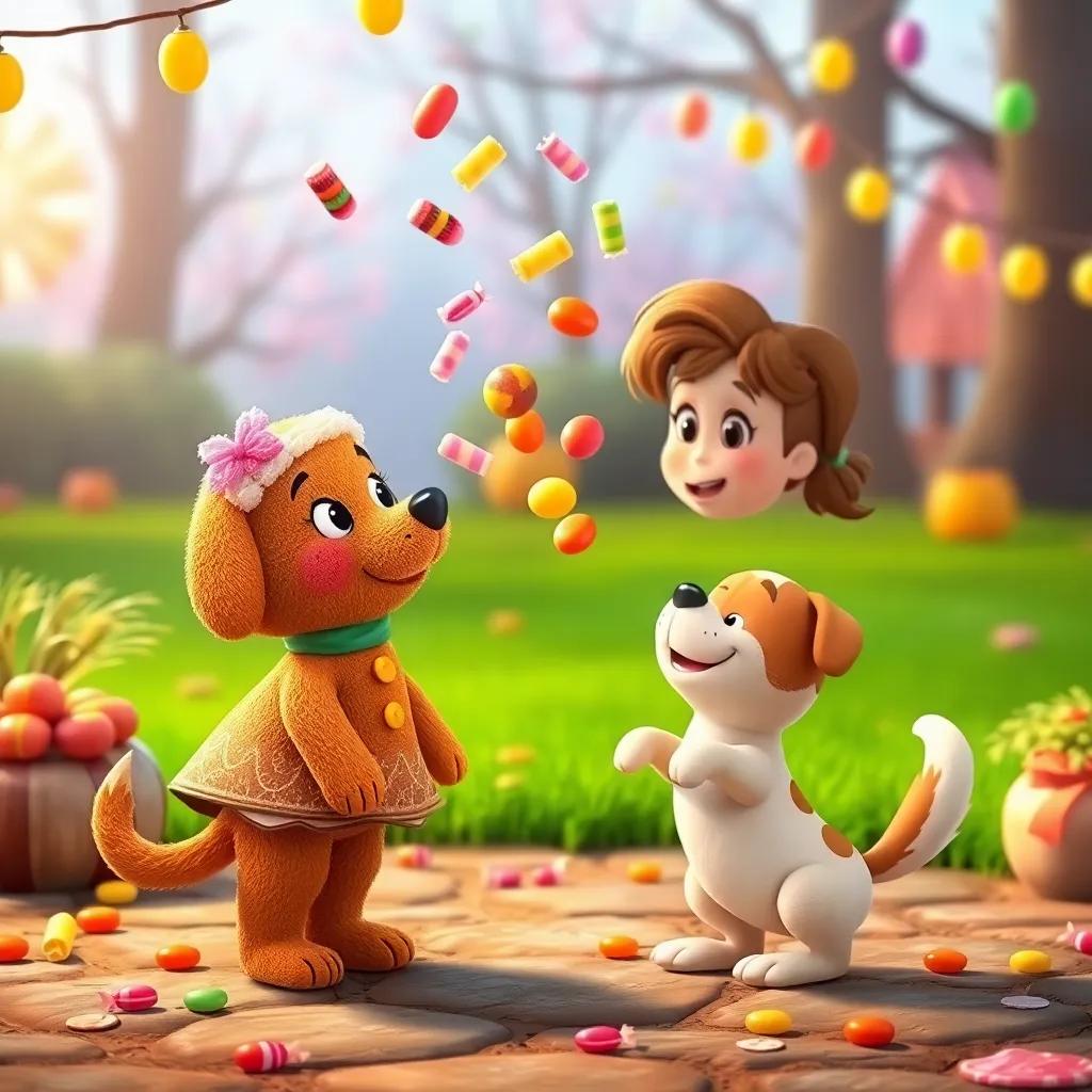 The gingerbread girl tossing colorful candies to a friendly dog, the dog stopping to munch them while happily wagging its tail, lively atmosphere, bright colors