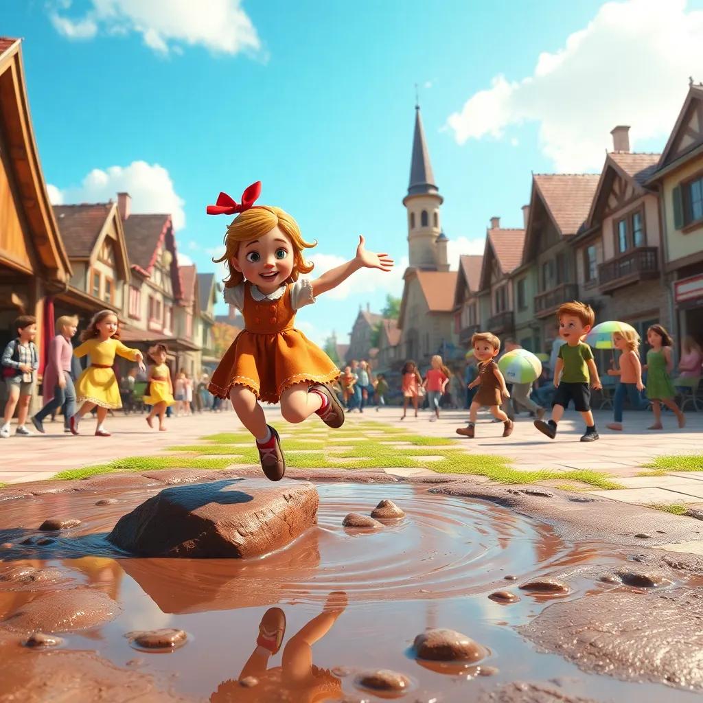 The gingerbread girl leaping over a muddy puddle in the town square, children laughing and playing around, bright sunny day, energetic scene