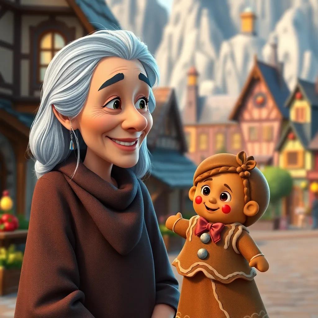 A wise old woman with grey hair watching the gingerbread girl, smiling warmly, colorful village backdrop, inviting atmosphere, heartwarming scene