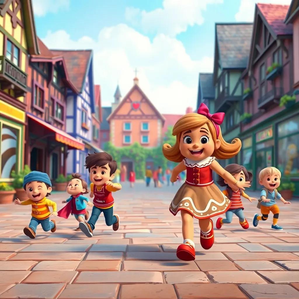 A playful scene in the town square with the gingerbread girl leading a fun chase with children following joyfully, thorough capture of motion, colorful background