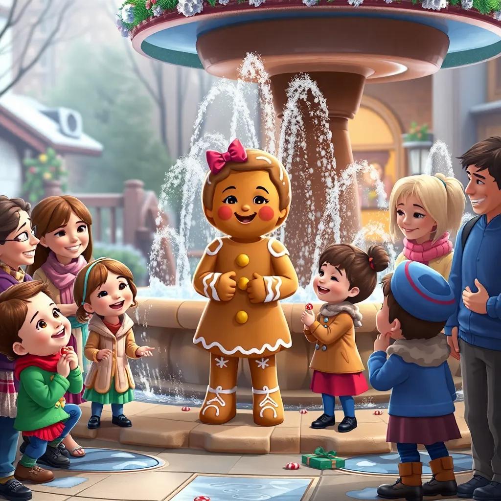 The gingerbread girl stopping near a fountain, surrounded by kids and adults, sharing candy, smiles regarding their friendship, vivid and joyful setting